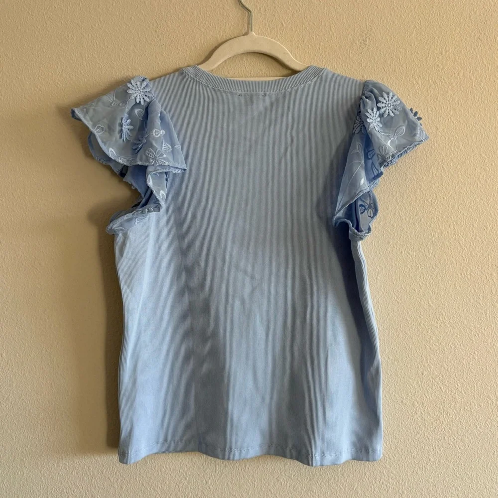 NWOT Kate Spade Mix Media Lace Tee Top Fresh Women’s Small Breeze Blue Ribbed